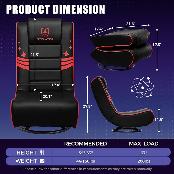 GTPLAYER Floor Gaming Chair Foldable Swivel Floor Chairs for Kids Boys Comfy Video Game Seat with 360° Multipurpose for Gamers, Bedroom or Game Room (Black-Red)