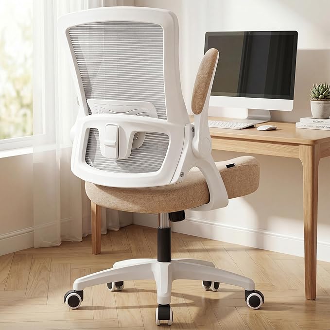 NEO CHAIR Office Desk Gaming Chair Computer High Back Mesh Seat with Rolling Wheels Ergonomic Adjustable Comfy Flip-up Armrests Lumbar Support Height for Home (Beige)