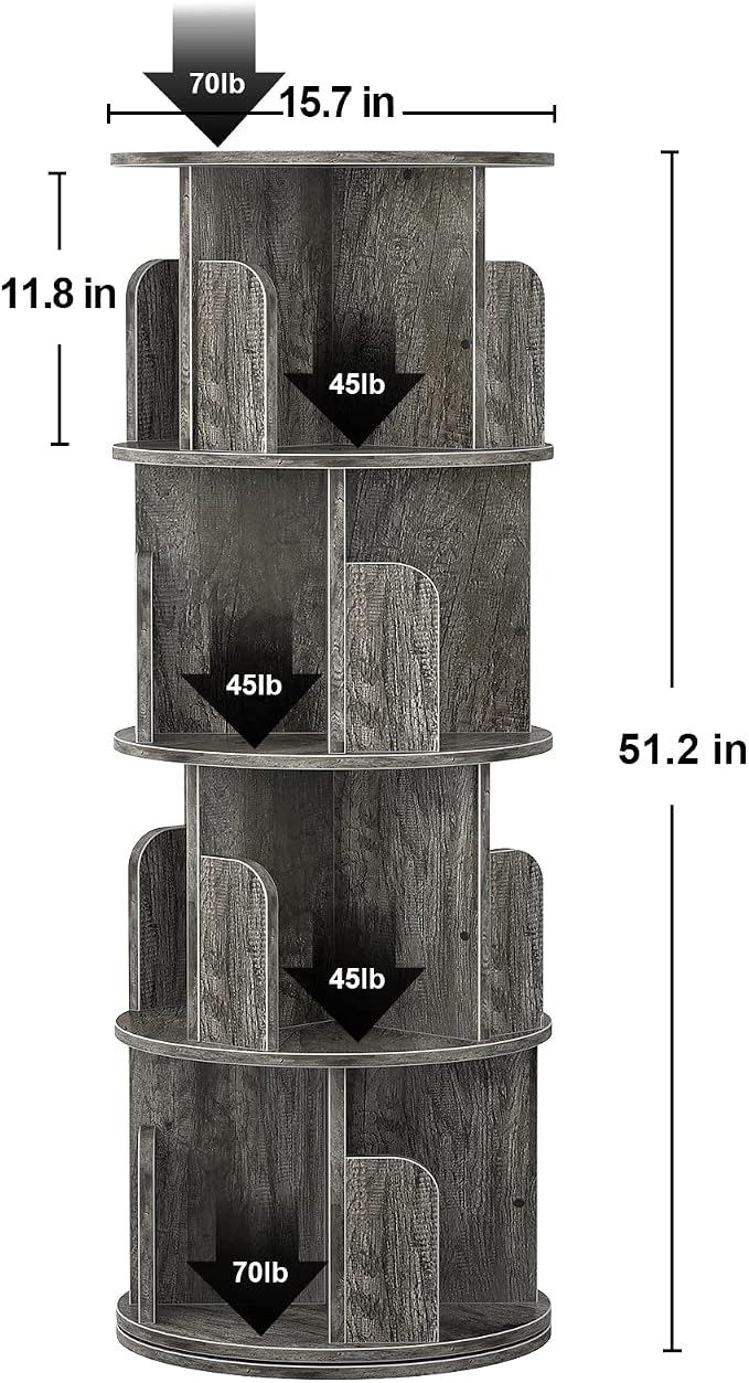 Aheaplus Rotating Bookshelf, 360 Display Corner Bookshelf for Small Space, 4 Tier Floor Standing Bookcase Storage Rack, Wood Narrow Book Shelf Organizer for Bedroom, Living Room, Study Room, Grey Oak