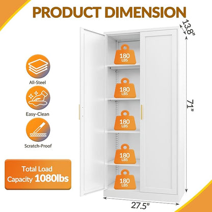 BESFUR Kitchen Pantry Cabinet,71” Metal Tall Pantry Storage Cabinet with Doors and 4 Adjustable Shelves,Kitchen Storage Cabinets White Freestanding Food Cabinet for Pantries, Kitchen