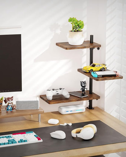 3 Tiers Clamp On Desk Shelf, 360° Angle Adjustable Desktop Shelf Organizer for Home Office Gaming Room, No Drill Desk Extender Adapt to 0.4-2.16 inches Table Thick, Black Brown