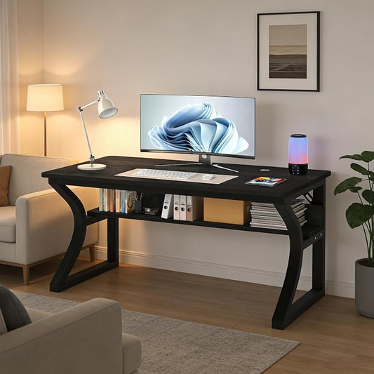 AZN Computer Desk, 47 X 20 inch Computer Desk, Office Desk w/Storage, Large Legroom, Sturdy Metal Frame, Home Office Desks for Gaming Study Writing Work, Waterproof, Scratch-Resistant, Black