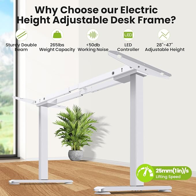 farexon Electric Standing Desk Frame with Cable Management Tray, Wheels & Hooks, Heavy Duty Dual Motor Stand Up Desk Dual-Beam Frame,265 lbs Capacity up to 78" x 40" Tops (White Frame Only)