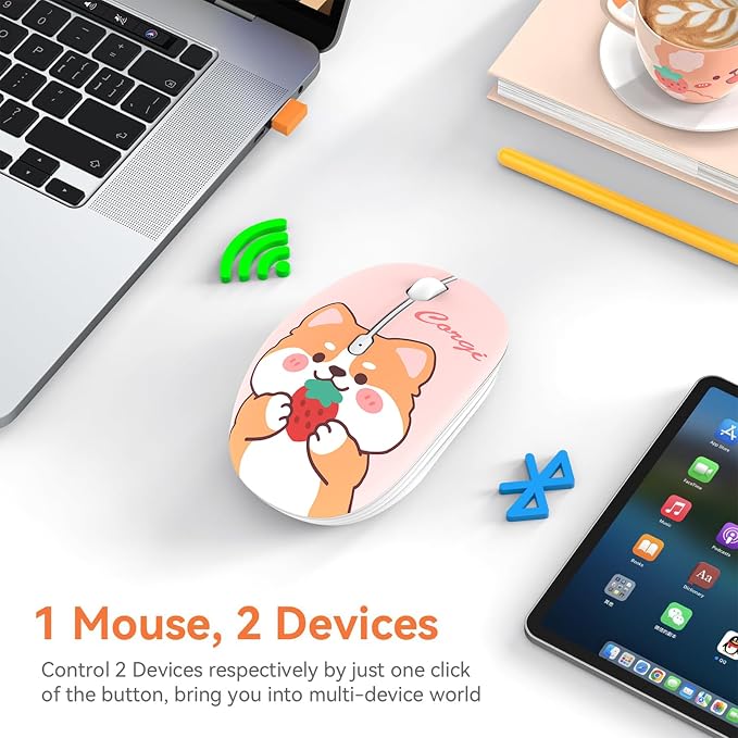 FMOUSE Cute Wireless Mouse, Bluetooth & 2.4GHz Dual Mode with USB Receiver, Silent Click, AA Battery Powered, for Kids Students Teen Girls, Compatible with Laptop Mac iPad PC (Strawberry Corgi)