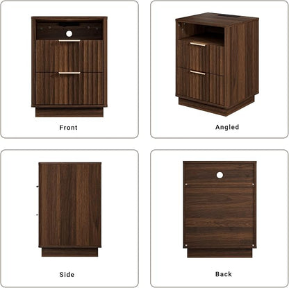 Fluted Nightstand, Night Stand Set 2, Walnut Nightstands Set of 2 with Charging Station, 2 Drawer Wood End Table w/Storage, Modern Bedside Table for Bedroom Sofa Home Office, Curved Corners