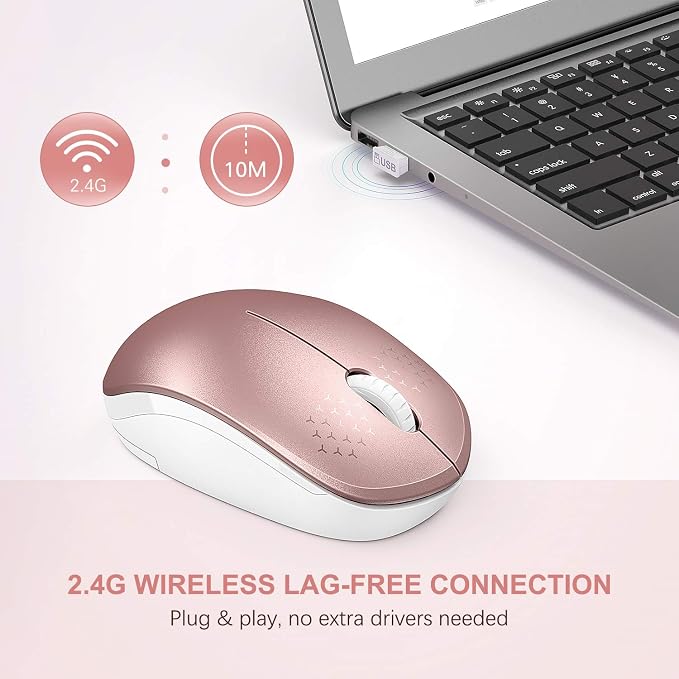 seenda Wireless Mouse, 2.4G Noiseless Mouse with USB Receiver Portable Computer Mice for PC, Tablet, Laptop, Notebook - Rose Gold&White