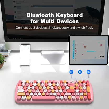 MOFII Wireless Bluetooth Keyboard for Laptop & Android, Connect up to 3 Devices Simultaneously, Portable 100-Key Typewriter Retro Round Keycaps Keyboard - Light Pink