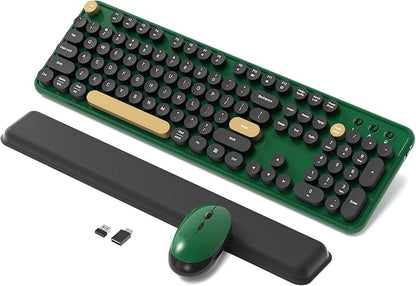 Colorful Wireless Keyboard and Mouse Combo, Retro Typewriter Style Round Keys, 2.4GHz Ergonomic Aesthetic Computer Keyboard with Wrist Rest for Mac, Windows, Laptop, PC(Dark Green)