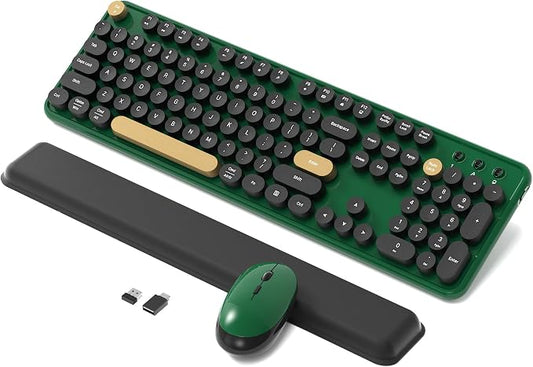 Colorful Wireless Keyboard and Mouse Combo, Retro Typewriter Style Round Keys, 2.4GHz Ergonomic Aesthetic Computer Keyboard with Wrist Rest for Mac, Windows, Laptop, PC(Dark Green)