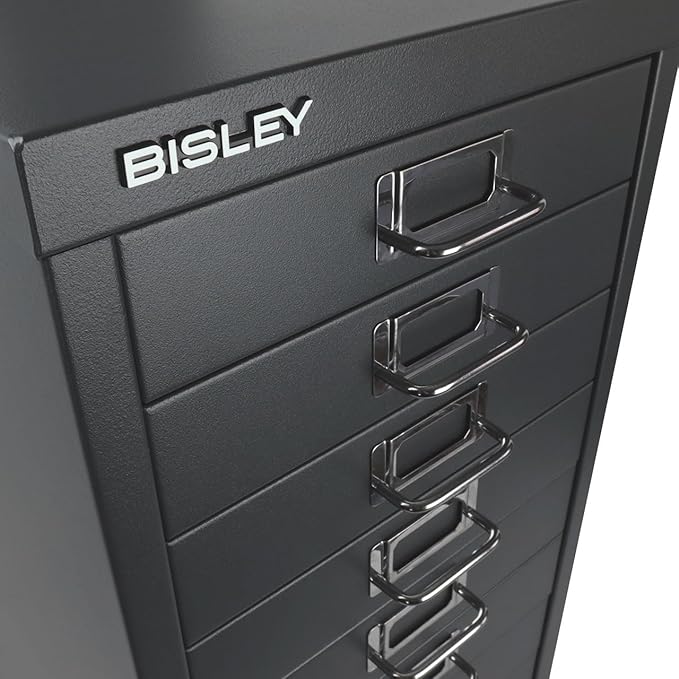 Bisley 10-Drawer Steel MultiDrawer Cabinet - Anthracite Grey | Chrome Pull Handles with Label Holders, Powder-Coated Steel, Removable Drawers, Fits Under Most Desks, Labels Included