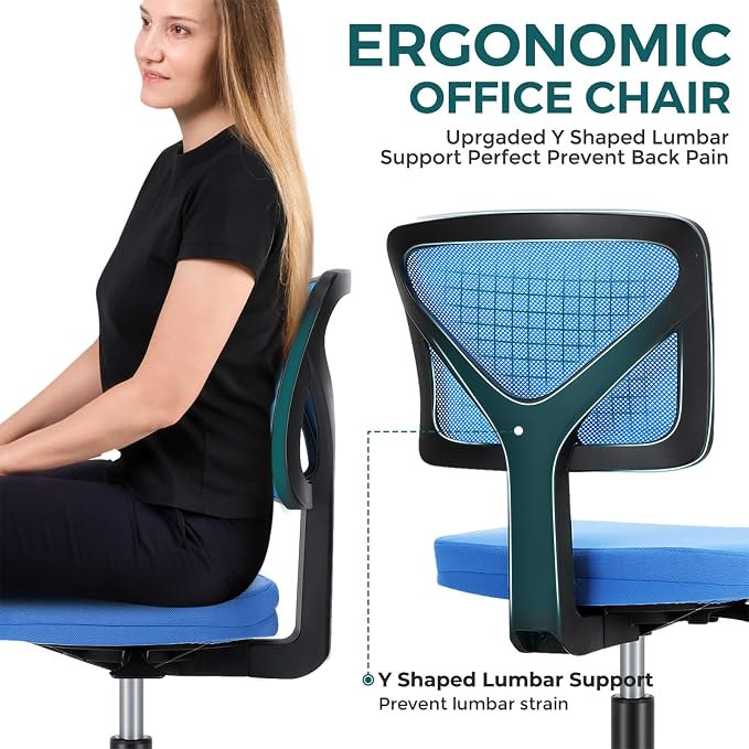 DUMOS Small Office Chairs with Wheels, Ergonomic Adjustable Home Desk Swivel Rolling Task Chair No Arms, Comfy Mesh Mid Back Computer Work Vanity Desk Chairs for Small Spaces, Blue