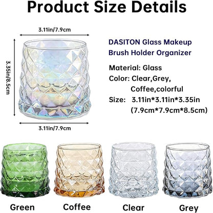DASITON Glass Makeup Brush Holder Organizer, Diamond Pattern Cosmetic Storage Cup, Makeup Organizer for Vanity, Bathroom Countertop Toothbrush Holder, Desk Pen Pencil Holder (Iridescent)