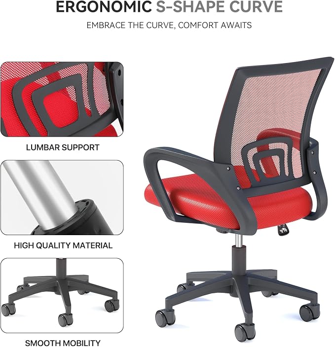 Office Chair, Ergonomic Mid-Back Mesh Desk Chair with Lumbar Support, Adjustable Height Computer Chair with Rolling Wheels Design,Comfy Armrest for Work, Study, Gaming, Red