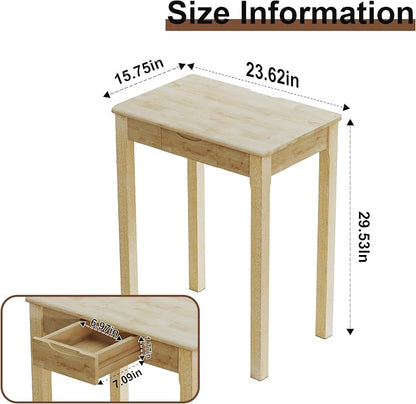 Solid Wood Desk with Drawers - 24 x 16 Inch Simple Narrow Desks, Rubber Wood Study Table, Small Writing Desk for Small Spaces|Bedroom - Natural Boho Desks
