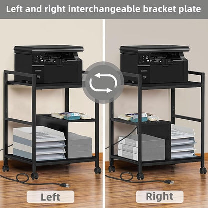 Lerliuo Printer Stand with Charging Station and USB Ports, Large 3-Tier Mobile Printer Table with Storage Shelf, Black Rolling Industrial Printer Cart with Lockable Wheels for Home Office