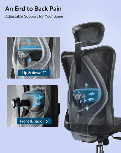 SIHOO M57 Ergonomic Mesh Office Chair, High Back Home Desk Chair with 3D Armrests, Lumbar Support and Adjustable Headrest, Comfortable Computer Chair, Big & Tall Office Chair Hold 330 LBS-Ebony