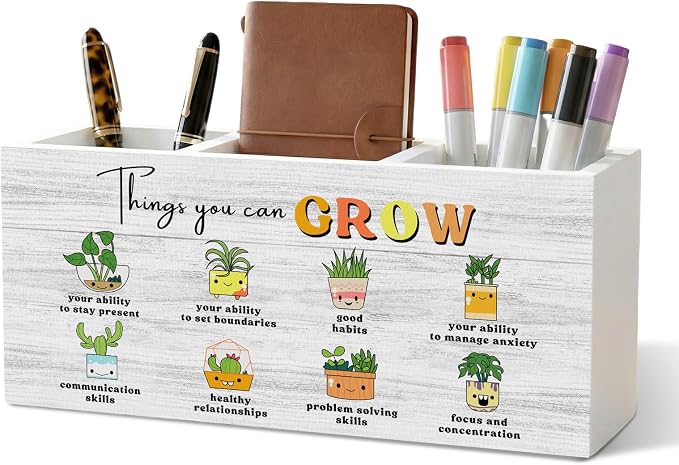 Boho Plant Classroom Pencil Pen Holder for Office Desk Organizer, Counseling Calming Office Wooden Box Decorations for Students College Boys Girls Teachers First Day of School