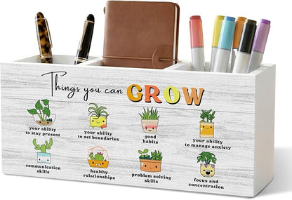 Boho Plant Classroom Pencil Pen Holder for Office Desk Organizer, Counseling Calming Office Wooden Box Decorations for Students College Boys Girls Teachers First Day of School