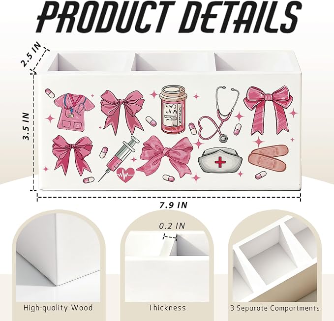 Pink Preppy Bow Nurse Pen Pencil Holder for Desk, Nurse Appreciation Gifts, Nursing Week Gifts for Women, Nursing Wooden Box Sign Decorations for Home Office Workplace Desk Tabletop