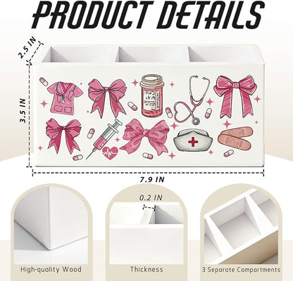 Pink Preppy Bow Nurse Pen Pencil Holder for Desk, Nurse Appreciation Gifts, Nursing Week Gifts for Women, Nursing Wooden Box Sign Decorations for Home Office Workplace Desk Tabletop
