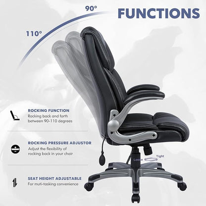 COLAMY High Back Executive Office Chair - Padded Leather Ergonomic Computer Desk Chair with Inflatable Lumbar Support & Flip-Up Arms, Adjustable Tilt Lock Swivel Task Chair for Home Office, Black