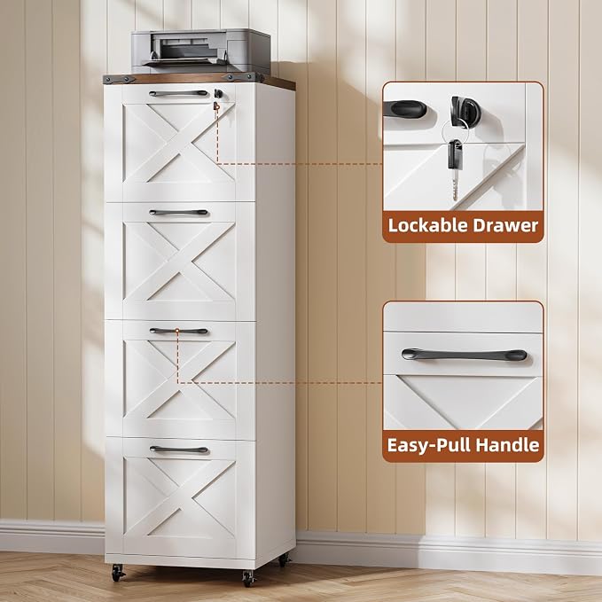 Halitaa Vertical Farmhouse Locking Rolling File Cabinet, Office Filing Cabinet with 4 Drawers & Wheels for Hanging Files Letter/A4，Printer Stand for Home Office