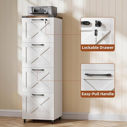 Halitaa Vertical Farmhouse Locking Rolling File Cabinet, Office Filing Cabinet with 4 Drawers & Wheels for Hanging Files Letter/A4，Printer Stand for Home Office