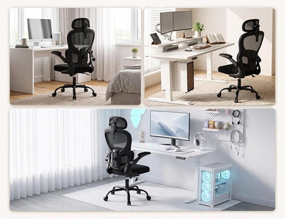 Ergonomic Office Chair with Adjustable Headrest & Lumbar Support, High Back Mesh Desk Chair, 330 LBS Capacity Swivel Computer Chair with Flip-Up Arms, Home Office Gaming Chair(Black)
