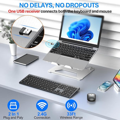 Wireless Keyboard and Mouse Combo, Full Size Keyboard and Mouse, Long Battery Life, Optical Mouse, 2.4G Lag-Free Cordless Mice Keyboard Set Ultra Slim Design for Computer, Laptop, PC, Mac (Gray Black)