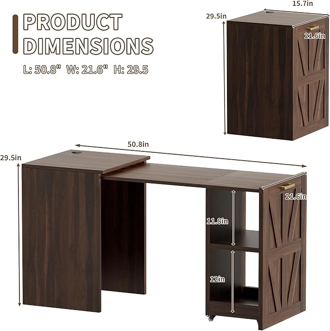 Folding Desk with Storage and Charging Station, Pull-Out Desk Cabinet with Spacious Desktop, Foldable Computer Table for Small Space, Walnut