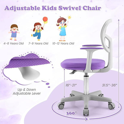 Giantex Kids Desk Chair, Ergonomic Adjustable Teen Task Chair w/Y-Shaped Lumbar Support, Armrest & Universal Wheels, Mesh Kid Office Chair for Sturdy, Kids Computer Chair for Boys Girls 4-12, Purple