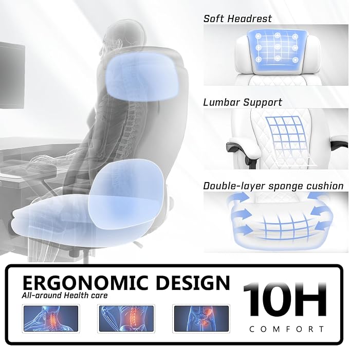 400lbs Office Chair with Foot Rest, Ergonomic Big and Tall Office Chair with Adjustable Headrest, High Back PU Leather Computer Chair,Comfy Heavy Duty Office Desk Chair (Classic White)