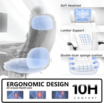 400lbs Office Chair with Foot Rest, Ergonomic Big and Tall Office Chair with Adjustable Headrest, High Back PU Leather Computer Chair,Comfy Heavy Duty Office Desk Chair (Classic White)