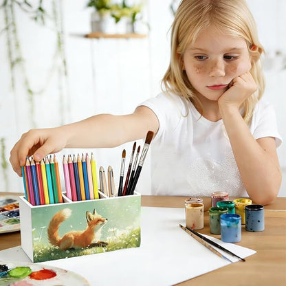 Fox Pen Pencil Holder for Desk, Fox Gifts for Women Men, Animal Lovers Gifts, Rustic Wildflower Wild Animal Wooden Box Sign Decorations for Kids Room Bedroom Home Office Desk Tabletop
