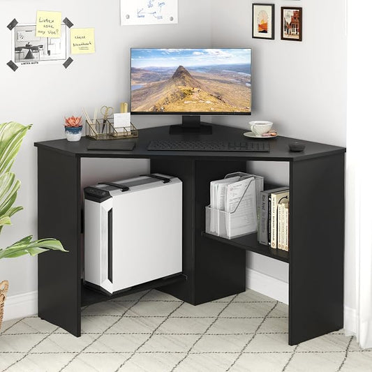 Giantex Corner Desk, Space-Saving Triangle Computer Desk with Storage Shelves & CPU Stand, Modern Makeup Vanity Table for Bedroom, Writing Desk for Small Spaces (Black)