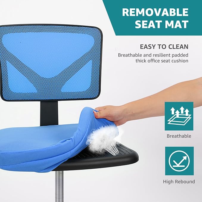 OLIXIS Armless Office Chair, Ergonomic Desk Chair with Wheels, Mesh Back, Removable Washable Foam Cushion, Height Adjustable Rolling Swivel Chairs for Small Space, Home, Office, Blue