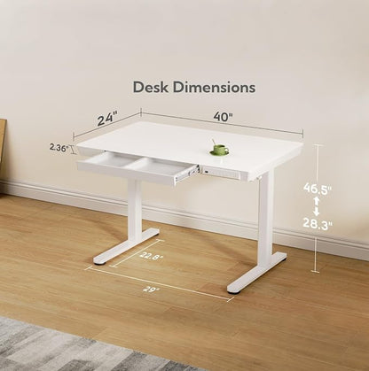 INNOVAR 40" Small Glass Standing Desk with Drawers & USB Ports, Whole-Piece Glass Top Adjustable Height Desks, Quick-Install Electric Sit-Stand Up Desk for Home Office & Computer Workstation, White