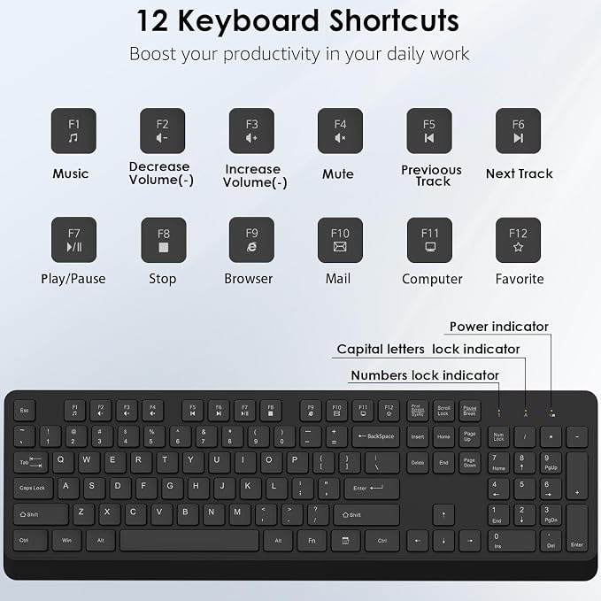 BKA BYA Wireless Keyboard and Mouse Combo,Full Size Quiet Bluetooth Keyboard and Mouse, 2.4GHz USB Receiver, Cordless Silent Keyboard and Mouse for PC, Windows, MAC, Laptop, Black