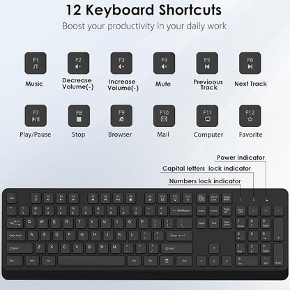 BKA BYA Wireless Keyboard and Mouse Combo,Full Size Quiet Bluetooth Keyboard and Mouse, 2.4GHz USB Receiver, Cordless Silent Keyboard and Mouse for PC, Windows, MAC, Laptop, Black