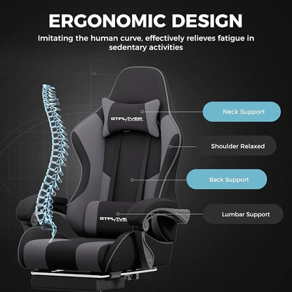 GTPLAYER Gaming Chair, Computer Chair with Footrest and Lumbar Support, Height Adjustable Game Chair with 360°-Swivel Seat and Headrest and for Office or Gaming (Darkgray, Fabric)