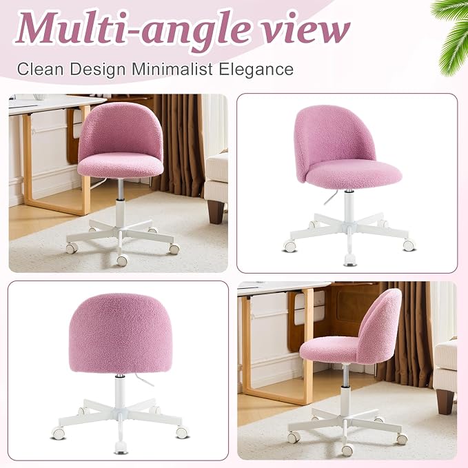 VINGLI Candy Chair Armless Cute Desk Chair,Comfy Small Office Chair with Wheels,Vanity Chair Lumbar Support,Teddy Adjustable Rolling Swivel Computer Task Chair for Home Office,Bedroom,Lilac Purple
