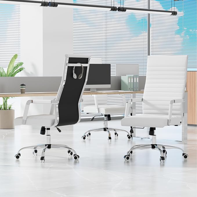 Shahoo Ribbed Office Chair, High-Back PU Leather Office Chair Executive Task Chair with 360° Swivel Wheels for Conference Room, Home Offices (White)