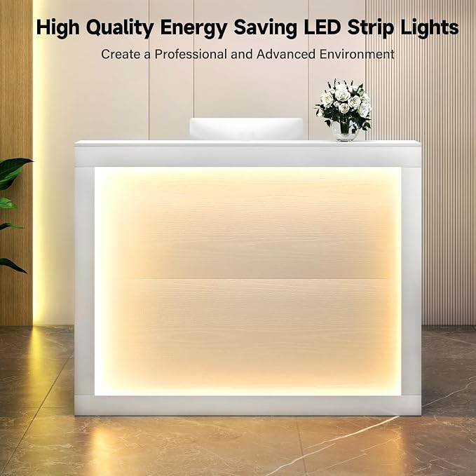 TC-HOMENY Reception Desk with LED Lights, 55'' Retail Counter Modern with Storage Shelves and Cable Grommet, Front Table, Salon Desk, Office Table,White
