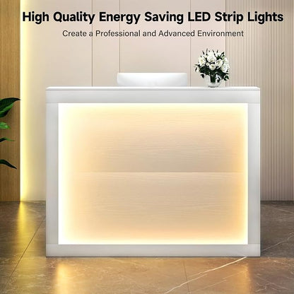 TC-HOMENY Reception Desk with LED Lights, 55'' Retail Counter Modern with Storage Shelves and Cable Grommet, Front Table, Salon Desk, Office Table,White