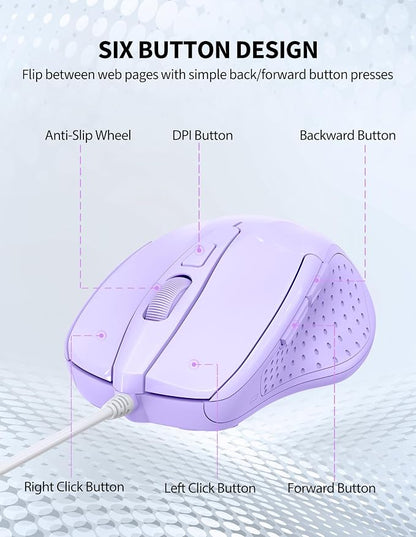 TECKNET Wired Mouse, 6-Button Corded with 4 Adjustable DPI, Optical Ergonomic Design, 5FT Cord for Laptop, Chromebook, PC, Desktop, Mac, Notebook - LT.Purple