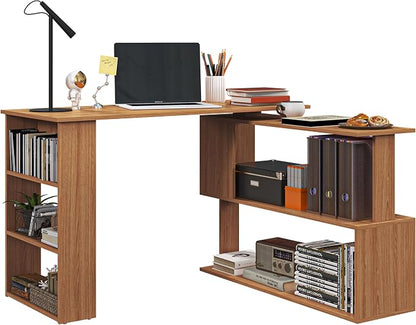 HOMCOM 47 Inch L Shaped Desk, Corner Computer Desk, 360 Degree Rotating Home Office Desk with Storage Shelves, Writing Table Workstation, Teak