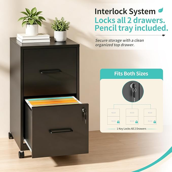 SAWJEC 2 Drawer File Cabinet with Lock, Black Metal Filing Cabinet for Home Office, Assembly Required, Vertical Locking File Cabinet with Letter Size Hanging Files, 17.7" D x 15.0" W x 26.8" H