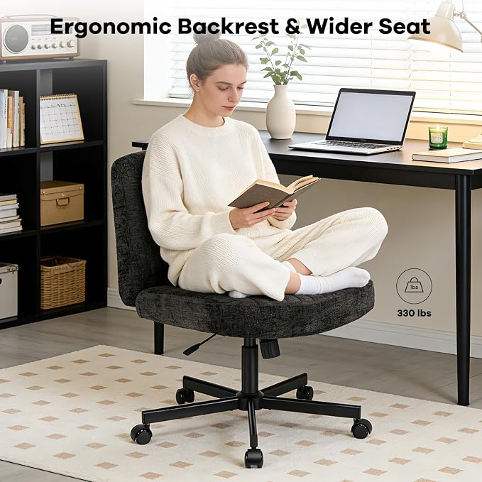 Convertible Base Criss Cross Chair with Pocket Springs & Thicker and Wider Cushions, Armless Legged Office Chair Relieves Back Pain, Swivel Vanity Chair for Living Room/Office, Black