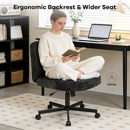 Convertible Base Criss Cross Chair with Pocket Springs & Thicker and Wider Cushions, Armless Legged Office Chair Relieves Back Pain, Swivel Vanity Chair for Living Room/Office, Black