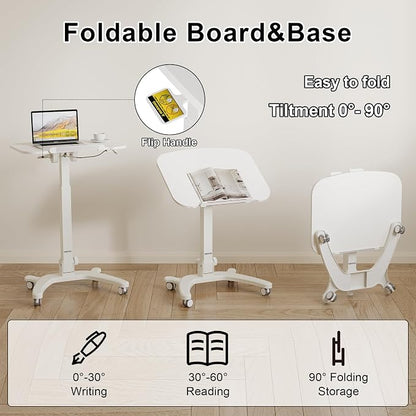 BONTEC Mobile Foldable Standing Desk, Portable Adjustable Height Desk with Gas Spring, Small Rolling Laptop Desk with Wheels for Home, Office, Bedroom, and Medical Use, 25.6" x 19.7" Desktop, White